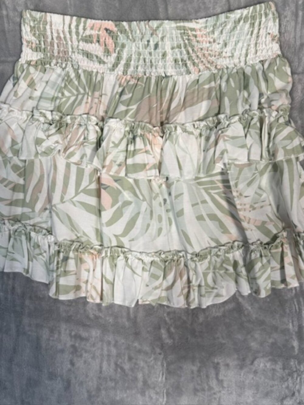 NWT Ocean Drive Tropical Palm Ruffle Mini Skirt Smocked Waist Green Pink M